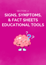 Pink divider page for the Signs and Symptoms Section. On the page is a drawing of an animated brain that has question marks above his head. 
