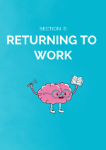 Light blue divider page for the Returning to Work section. On the page is a drawing of an animated brain that is holding a pen and paper.