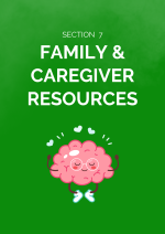 Light green divider page for the Family and Caregiver Resources section. On the page is a drawing of an animated brain that is mediating and has hearts above his head. 