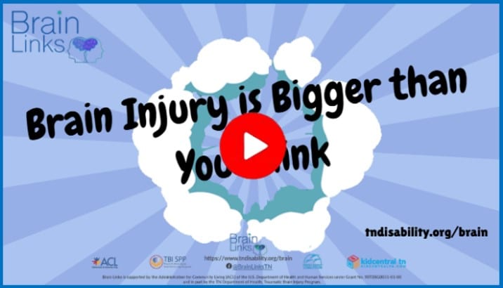 Brain Injury is BIGGER Than You Think text overlapping with a cloud. A red circle with an arrow in the middle of it prompting people to click on the image.